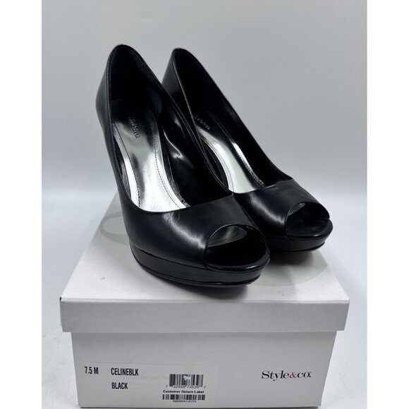 Style & Co Womens Ladies Black Celine Peep Toe Slip On Casual Spike Heels Sz 7.5 - Picture 1 of 9